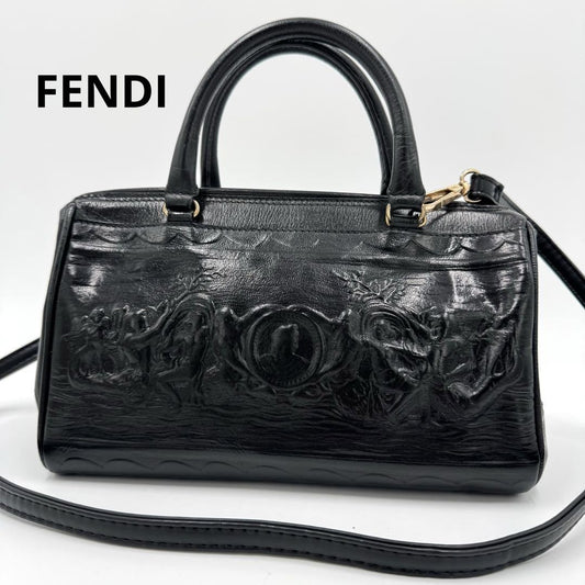 FENDI Shoulder Bag Purse Mini Boston 2way Leather Black Authentic