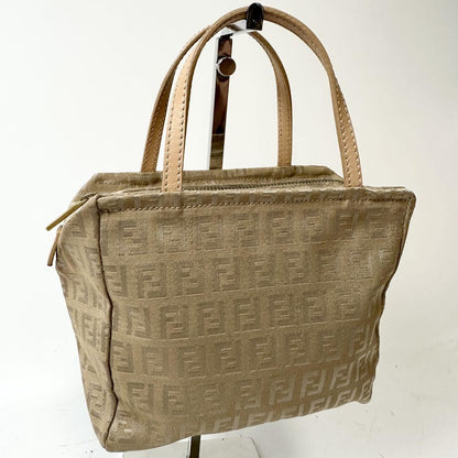 FENDI Hand Bag Tote Purse FF Zucchino Nylon Canvas Beige Authentic