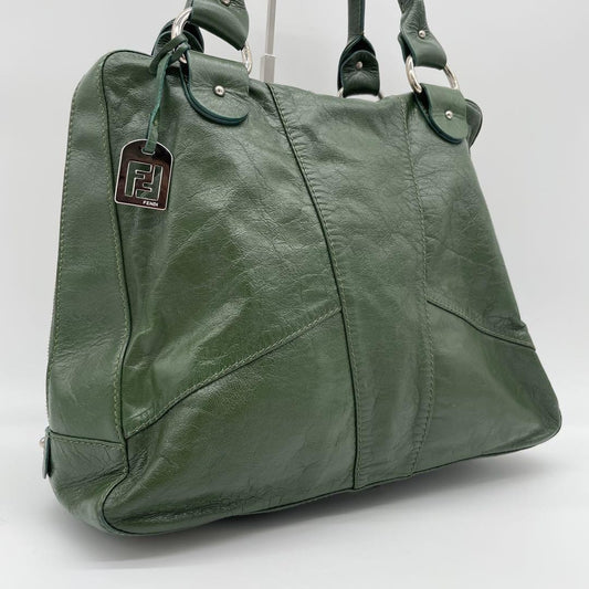 FENDI Hand Bag Tote Purse FF Leather Green Authentic