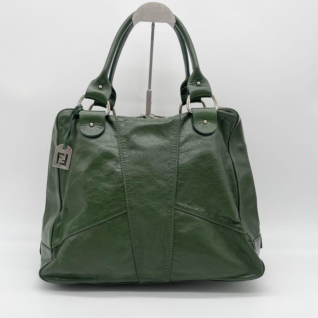 FENDI Hand Bag Tote Purse FF Leather Green Authentic