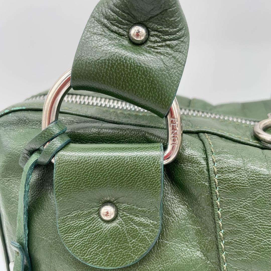 FENDI Hand Bag Tote Purse FF Leather Green Authentic