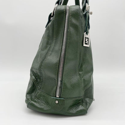 FENDI Hand Bag Tote Purse FF Leather Green Authentic