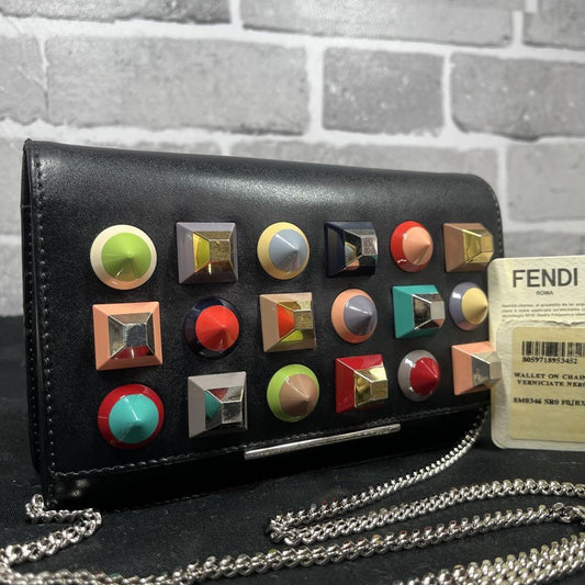 FENDI Shoulder Bag Purse Chain Studs Leather Black Multicolor Authentic