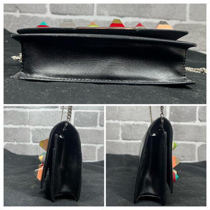 FENDI Shoulder Bag Purse Chain Studs Leather Black Multicolor Authentic