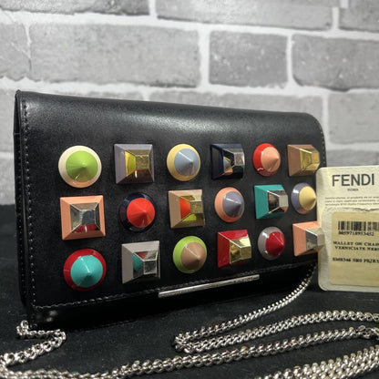 FENDI Shoulder Bag Purse Chain Studs Leather Black Multicolor Authentic