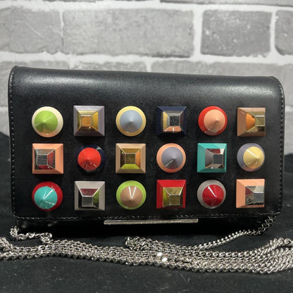 FENDI Shoulder Bag Purse Chain Studs Leather Black Multicolor Authentic
