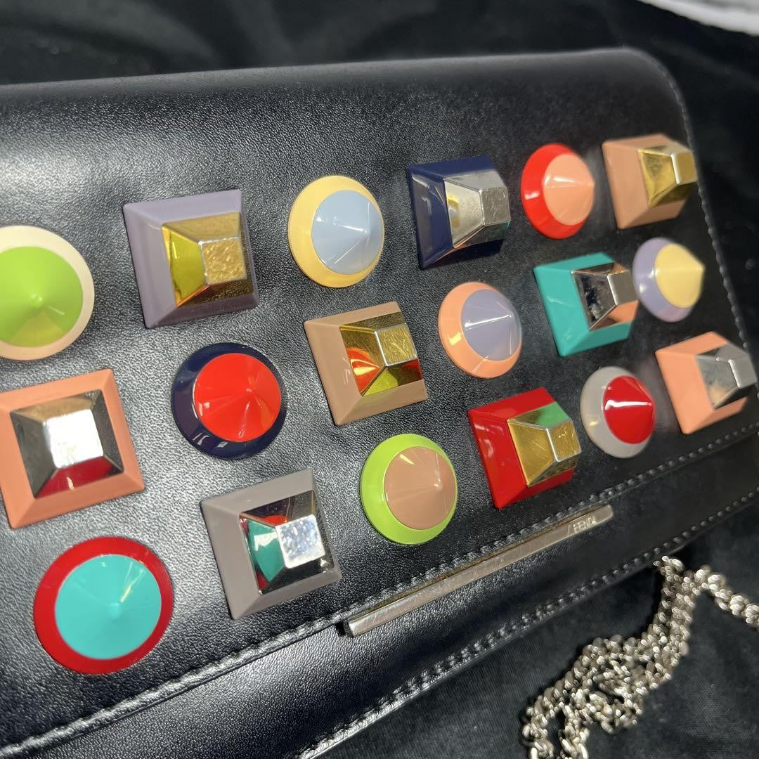 FENDI Shoulder Bag Purse Chain Studs Leather Black Multicolor Authentic