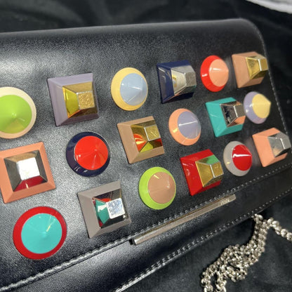 FENDI Shoulder Bag Purse Chain Studs Leather Black Multicolor Authentic