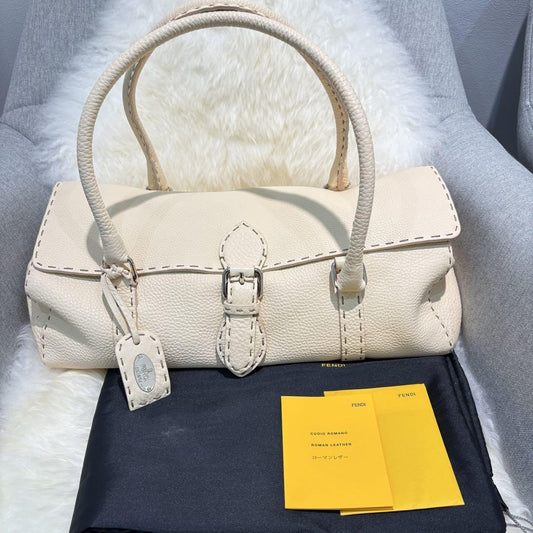 FENDI Hand Bag Tote Purse Selleria Leather White Authentic