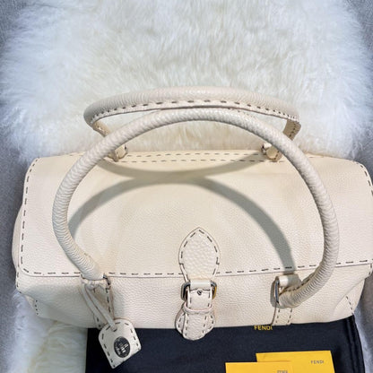 FENDI Hand Bag Tote Purse Selleria Leather White Authentic