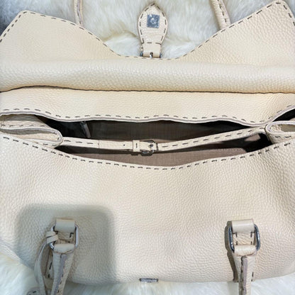 FENDI Hand Bag Tote Purse Selleria Leather White Authentic