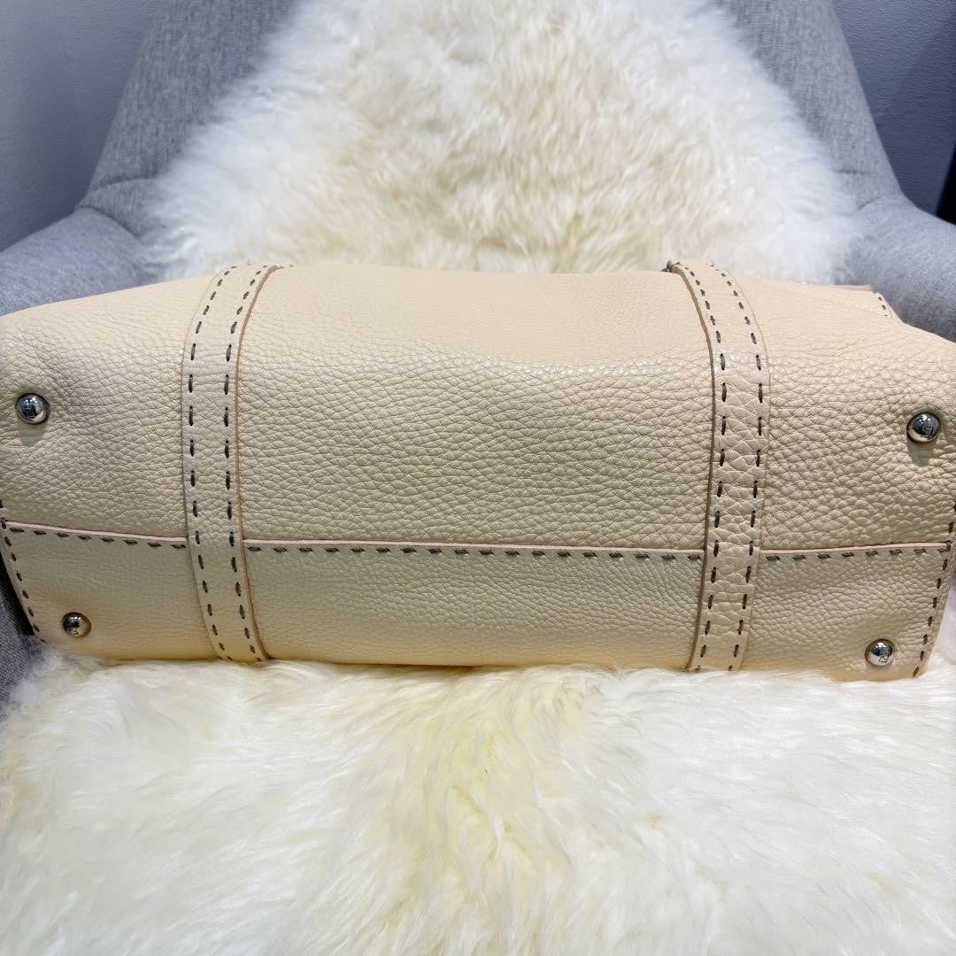 FENDI Hand Bag Tote Purse Selleria Leather White Authentic