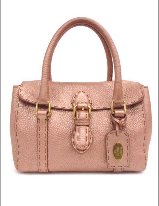 FENDI Hand Bag Tote Purse Selleria Leather Rose Gold Authentic