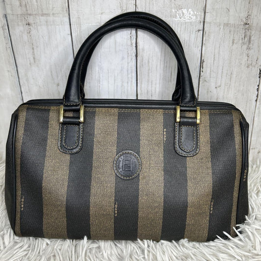 FENDI Hand Bag Tote Purse Mini Boston Bag FF Pecan PVC Leather Brown Black Auth