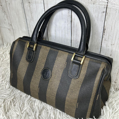 FENDI Hand Bag Tote Purse Mini Boston Bag FF Pecan PVC Leather Brown Black Auth