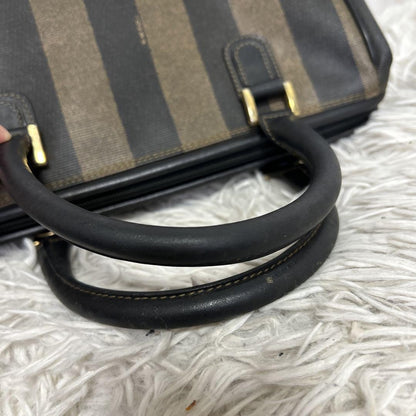 FENDI Hand Bag Tote Purse Mini Boston Bag FF Pecan PVC Leather Brown Black Auth