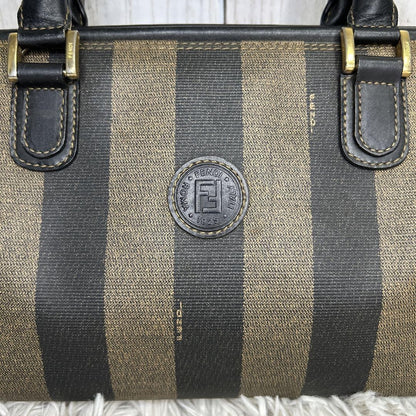 FENDI Hand Bag Tote Purse Mini Boston Bag FF Pecan PVC Leather Brown Black Auth