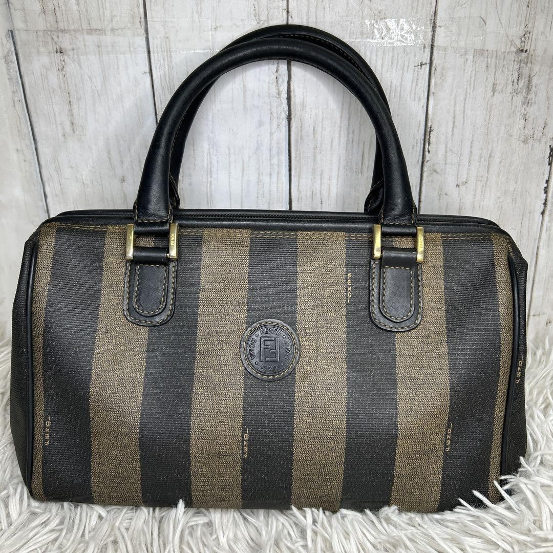 FENDI Hand Bag Tote Purse Mini Boston Bag FF Pecan PVC Leather Brown Black Auth