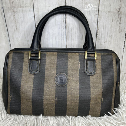 FENDI Hand Bag Tote Purse Mini Boston Bag FF Pecan PVC Leather Brown Black Auth