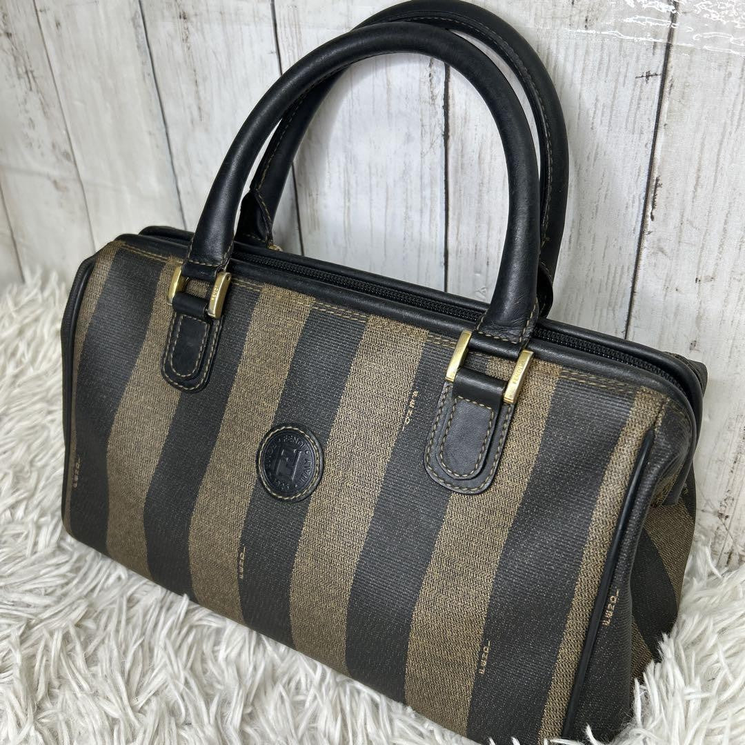 FENDI Hand Bag Tote Purse Mini Boston Bag FF Pecan PVC Leather Brown Black Auth