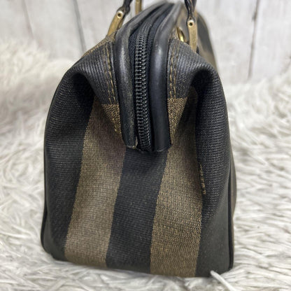 FENDI Hand Bag Tote Purse Mini Boston Bag FF Pecan PVC Leather Brown Black Auth