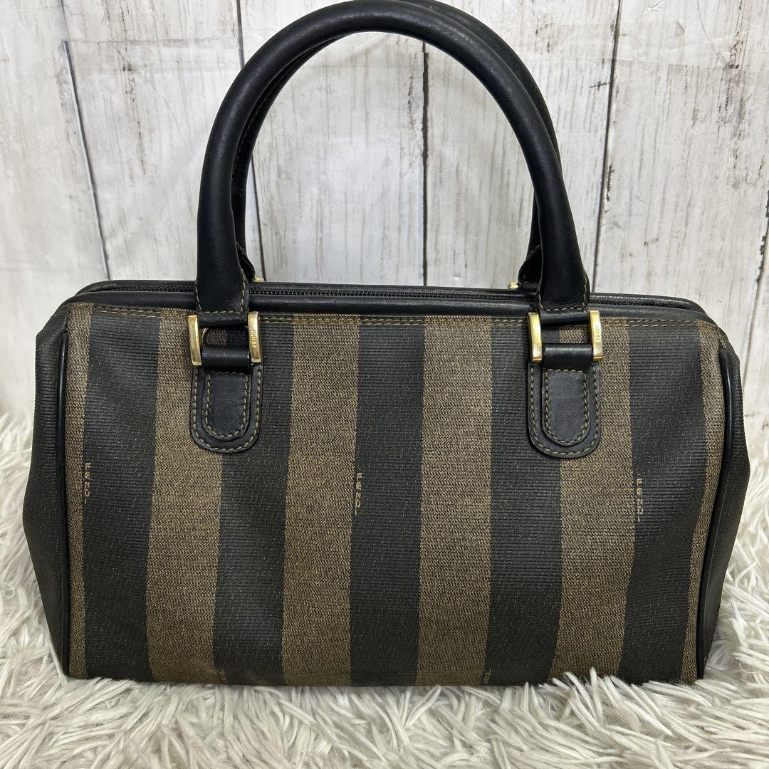 FENDI Hand Bag Tote Purse Mini Boston Bag FF Pecan PVC Leather Brown Black Auth