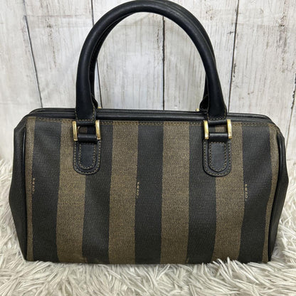 FENDI Hand Bag Tote Purse Mini Boston Bag FF Pecan PVC Leather Brown Black Auth