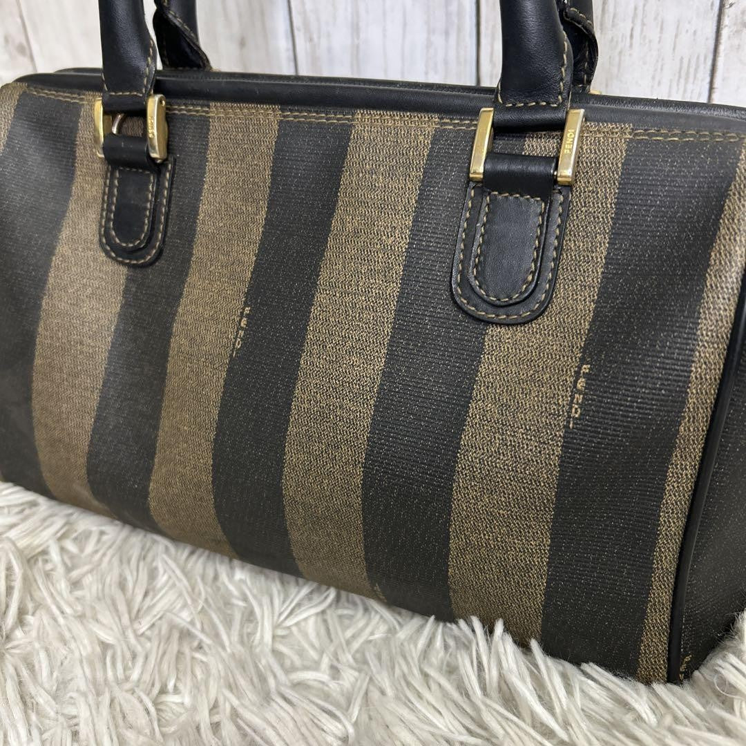 FENDI Hand Bag Tote Purse Mini Boston Bag FF Pecan PVC Leather Brown Black Auth
