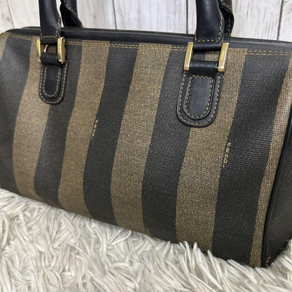 FENDI Hand Bag Tote Purse Mini Boston Bag FF Pecan PVC Leather Brown Black Auth