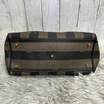 FENDI Hand Bag Tote Purse Mini Boston Bag FF Pecan PVC Leather Brown Black Auth