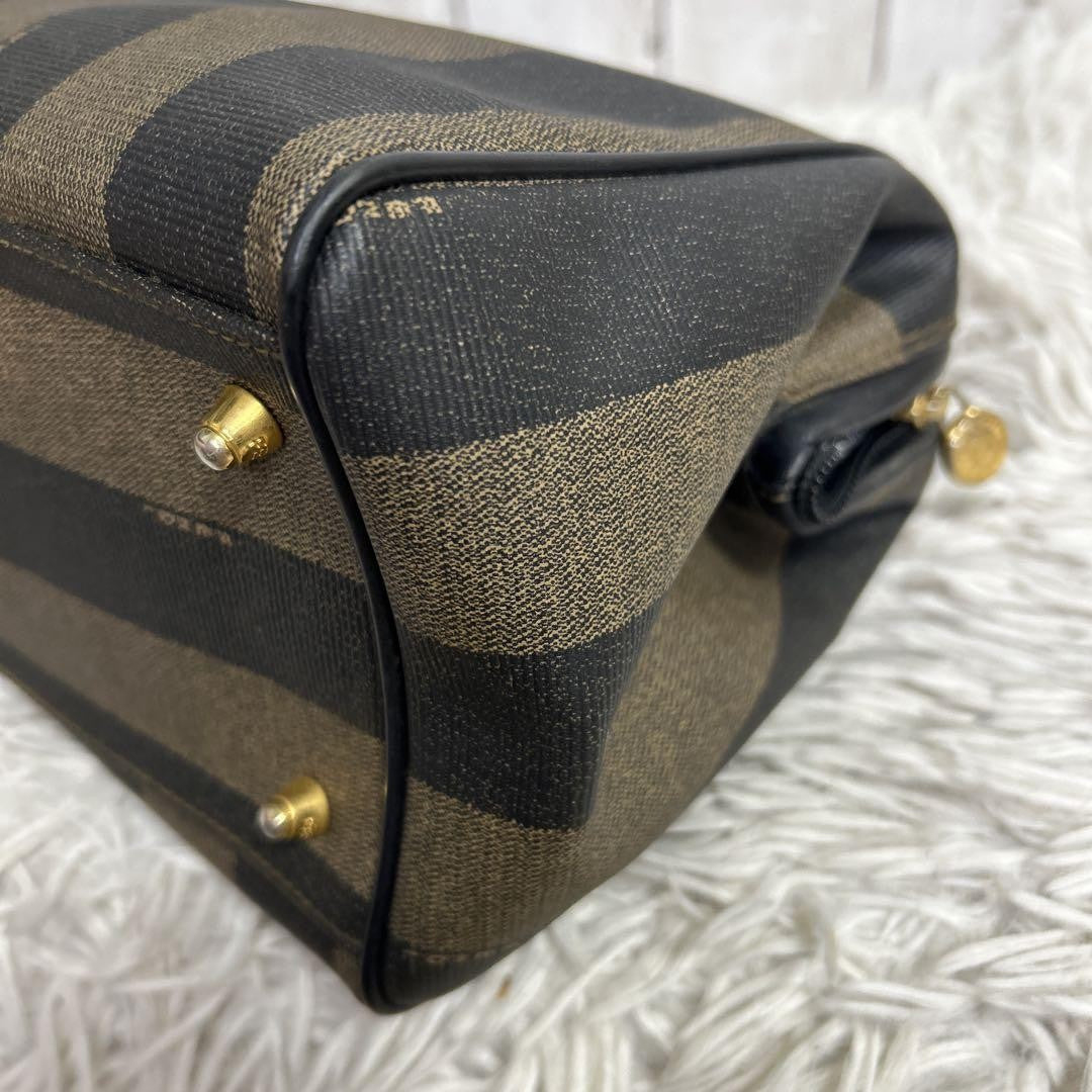 FENDI Hand Bag Tote Purse Mini Boston Bag FF Pecan PVC Leather Brown Black Auth