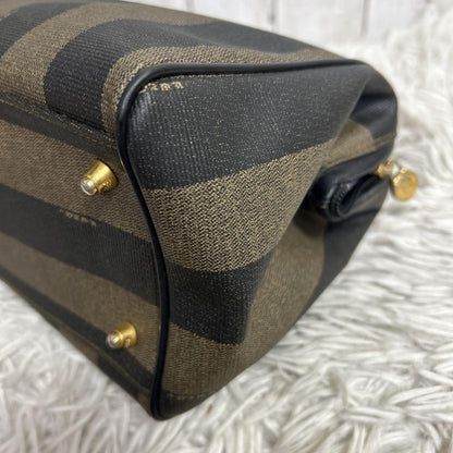 FENDI Hand Bag Tote Purse Mini Boston Bag FF Pecan PVC Leather Brown Black Auth