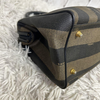 FENDI Hand Bag Tote Purse Mini Boston Bag FF Pecan PVC Leather Brown Black Auth