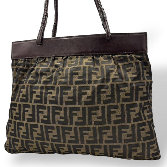 FENDI Hand Bag Tote Purse FF Zucca Brown Authentic