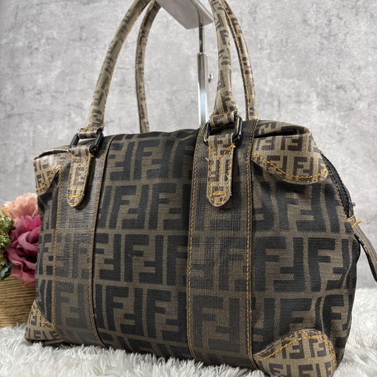 FENDI Hand Bag Tote Purse Mini Boston FF Zucca PVC Leather Canvas Brown Beige