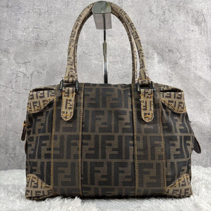 FENDI Hand Bag Tote Purse Mini Boston FF Zucca PVC Leather Canvas Brown Beige