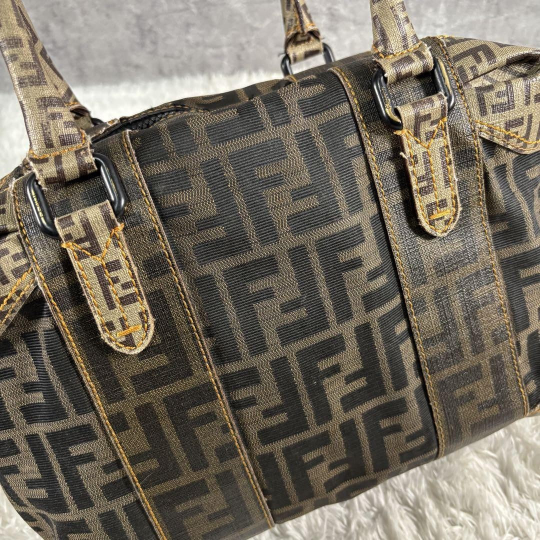 FENDI Hand Bag Tote Purse Mini Boston FF Zucca PVC Leather Canvas Brown Beige