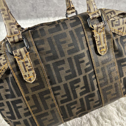 FENDI Hand Bag Tote Purse Mini Boston FF Zucca PVC Leather Canvas Brown Beige