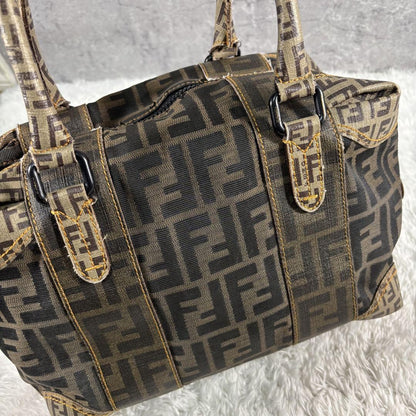 FENDI Hand Bag Tote Purse Mini Boston FF Zucca PVC Leather Canvas Brown Beige