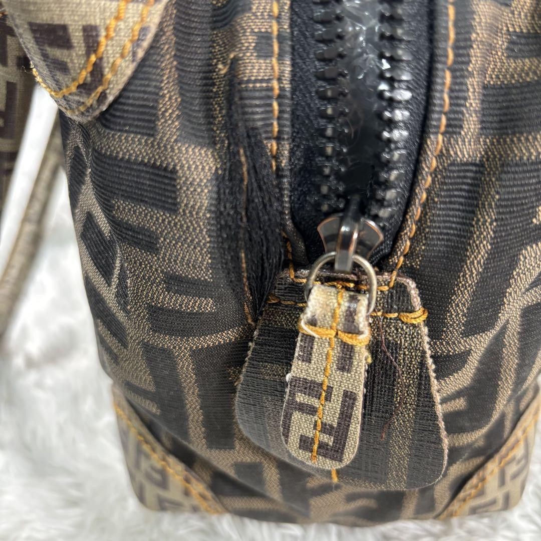 FENDI Hand Bag Tote Purse Mini Boston FF Zucca PVC Leather Canvas Brown Beige