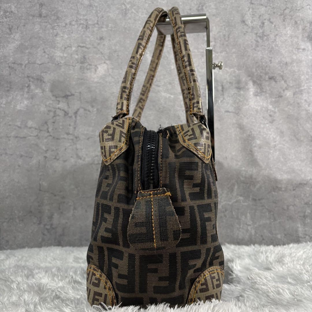 FENDI Hand Bag Tote Purse Mini Boston FF Zucca PVC Leather Canvas Brown Beige