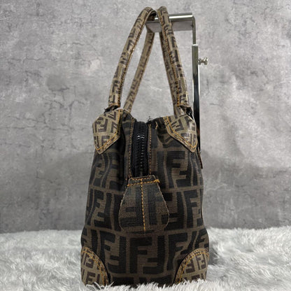 FENDI Hand Bag Tote Purse Mini Boston FF Zucca PVC Leather Canvas Brown Beige