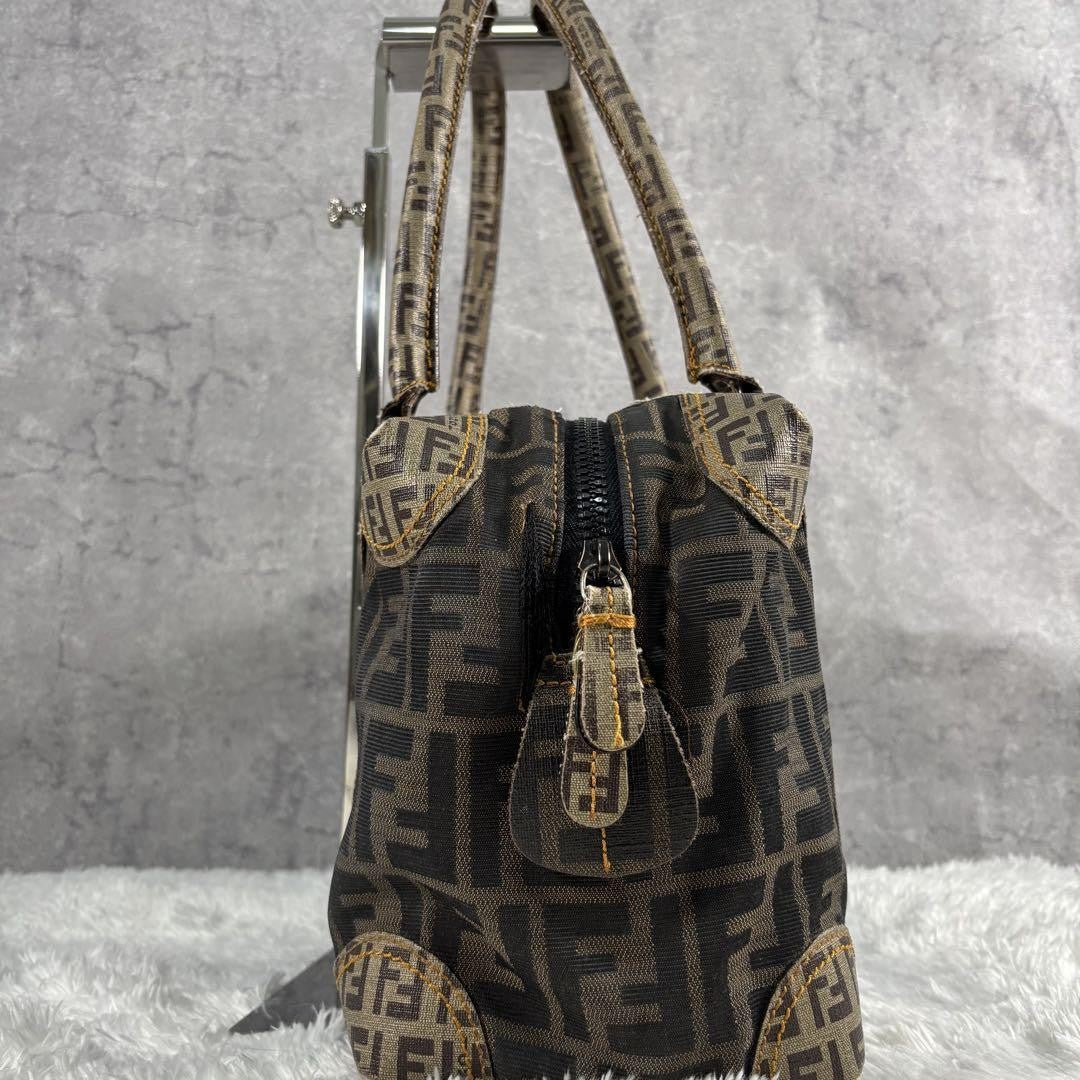 FENDI Hand Bag Tote Purse Mini Boston FF Zucca PVC Leather Canvas Brown Beige
