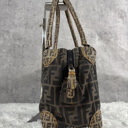 FENDI Hand Bag Tote Purse Mini Boston FF Zucca PVC Leather Canvas Brown Beige