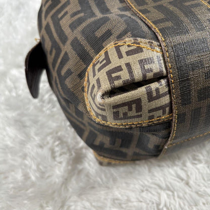 FENDI Hand Bag Tote Purse Mini Boston FF Zucca PVC Leather Canvas Brown Beige