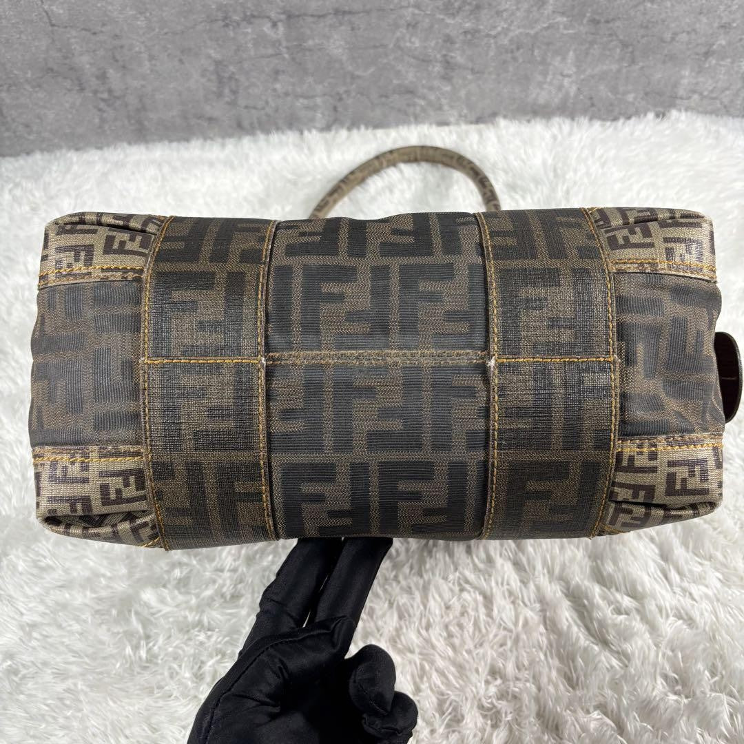 FENDI Hand Bag Tote Purse Mini Boston FF Zucca PVC Leather Canvas Brown Beige