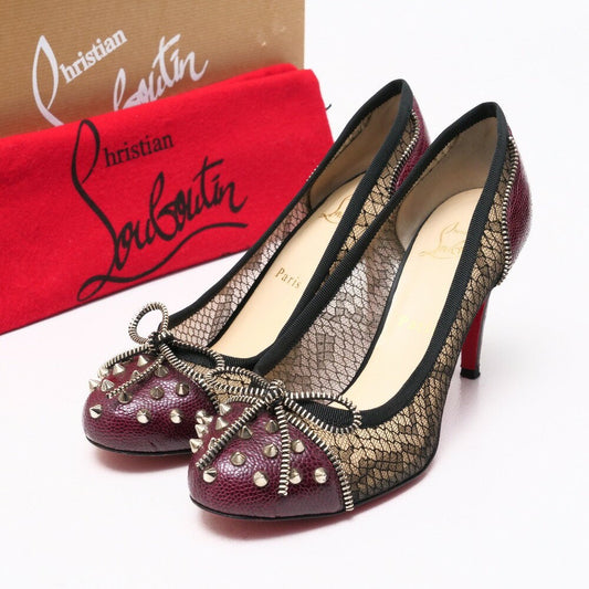 Christian Louboutin Shoes Pumps Heel Studs EU 37.5 US 7.5 Leather Burgundy Auth
