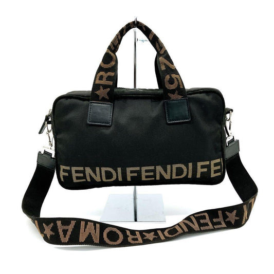 FENDI Mini Boston Bag Hand Shoulder Bag Tote Purse 2way Logo Nylon Black Auth
