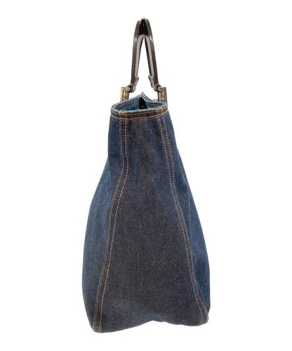 FENDI Hand Bag Tote Purse FF Denim Leather Indigo Brown Authentic