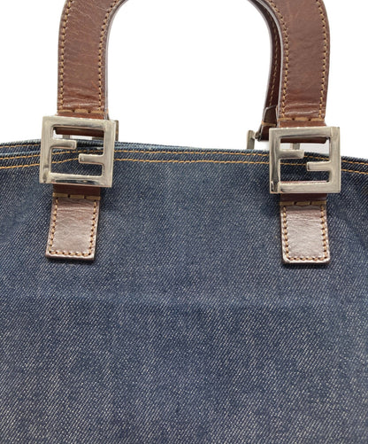 FENDI Hand Bag Tote Purse FF Denim Leather Indigo Brown Authentic